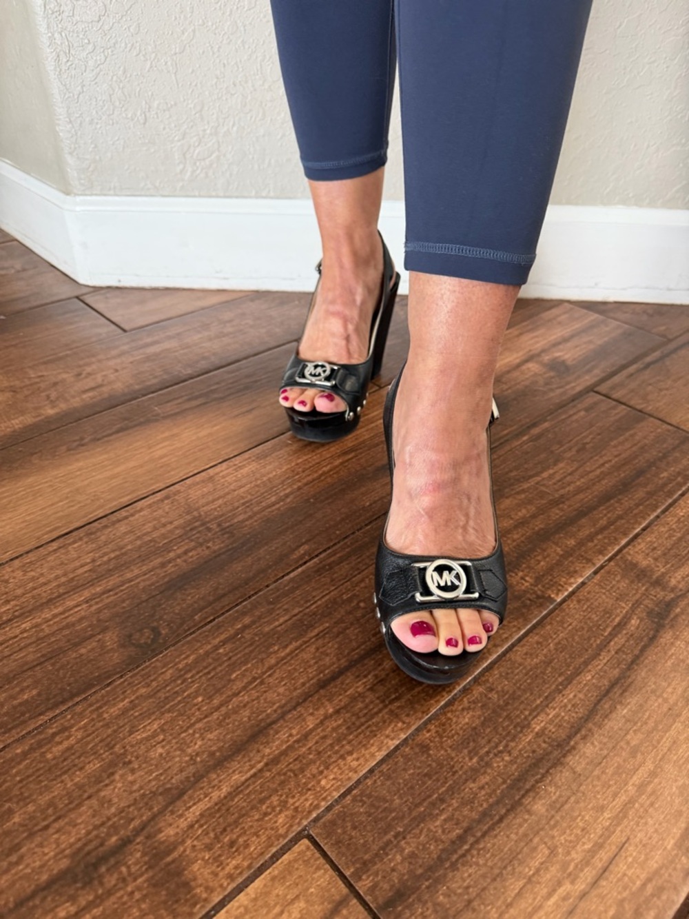 Michael Kors Black Leather Studded Platform Wedge Sandals with MK Buckle - Picture 2 of 4